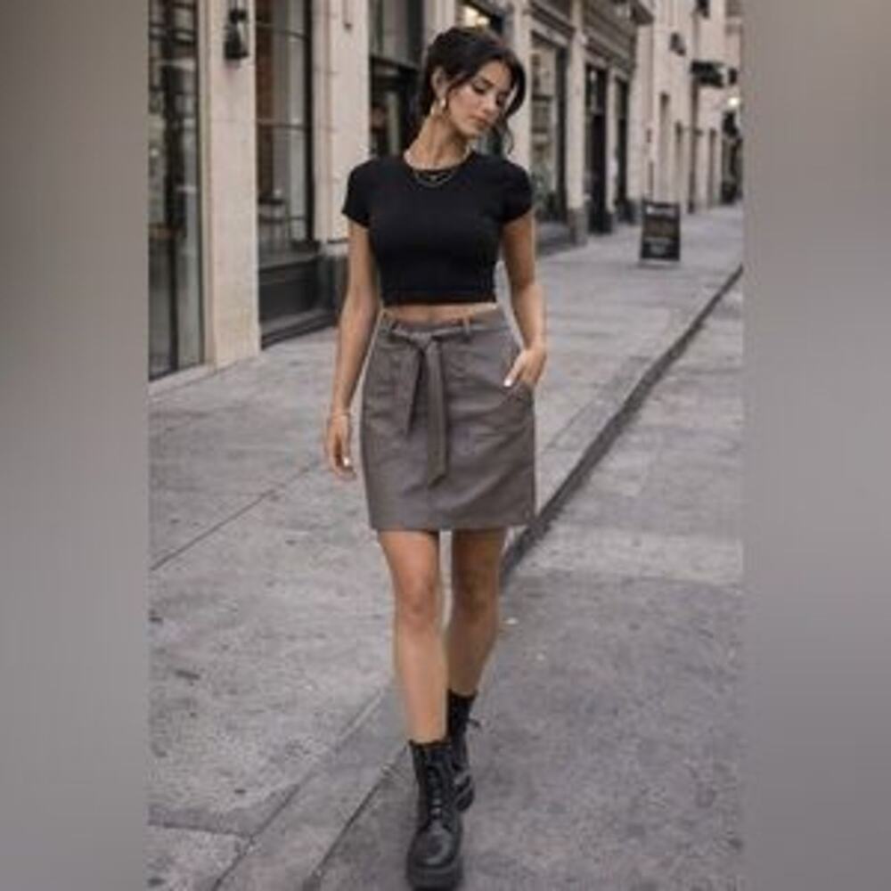 Wishlist Vegan Leather Mini Skirt Tie Waist Taupe Edgy Y2K Pockets Sz M